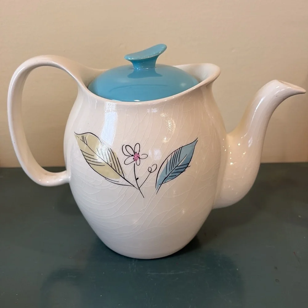 Vintage Salem China White Ceramic Teapot with Turquoise Lid and Leaf Motif